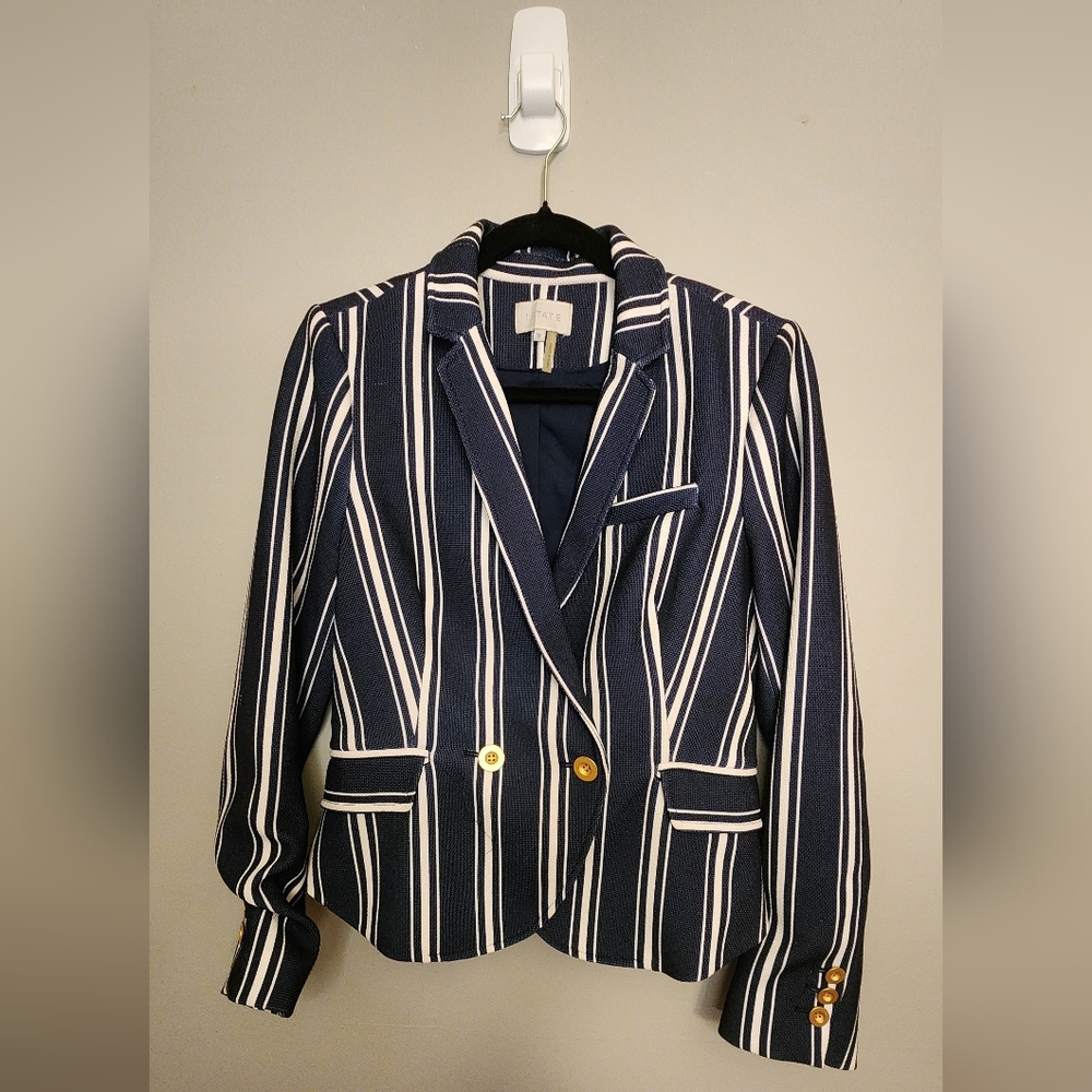 1.STATE Blue and White Double Breasted Striped Blazer Jacket Size Medium